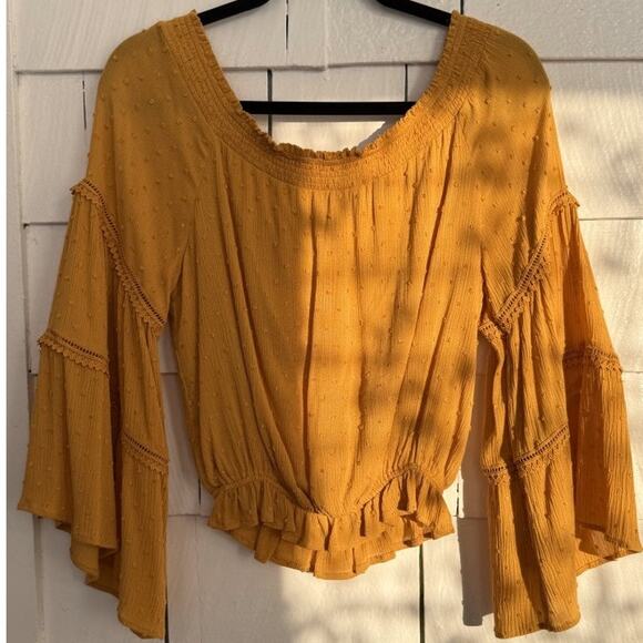 Lulus S Sunny Story Mustard Lace Bell Sleeve Off Shoulder Top Boho Cottagecore - Picture 2 of 11